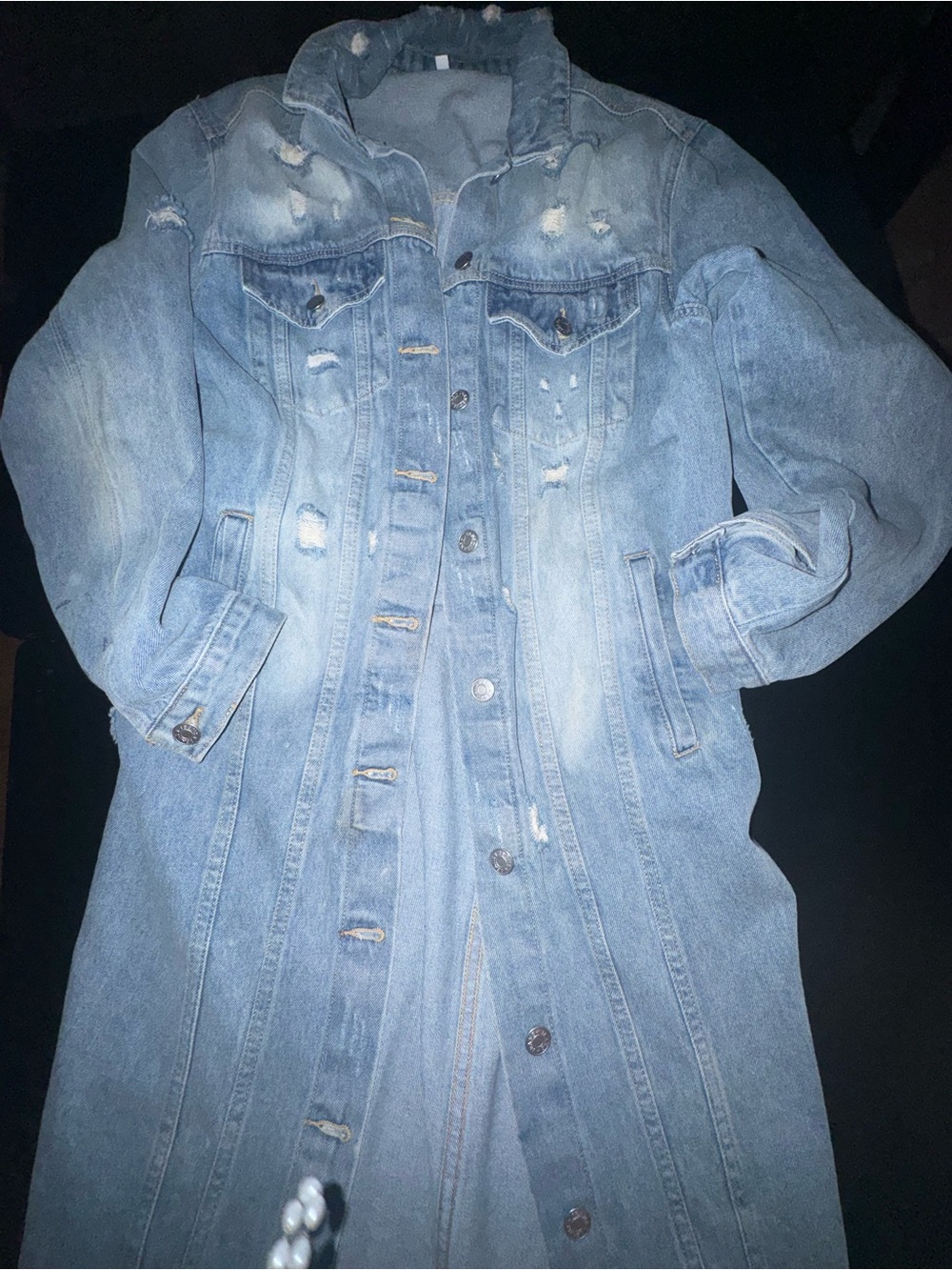 Light Blue Distressed Long Denim Jacket - Women